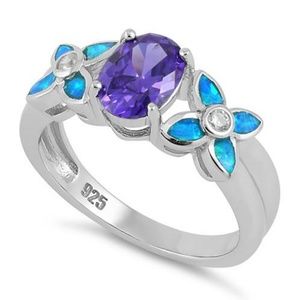 Sterling Silver Amethyst Flower Blue Opal NEW Ring